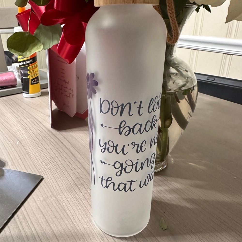 Inspirational Frosted Glass Water Bottle with Purple Design